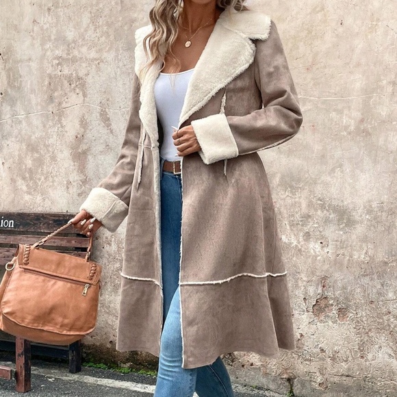 Luxe Vegan Suede Teddy Lined Button Knee Length Jacket Coat - Picture 4 of 11